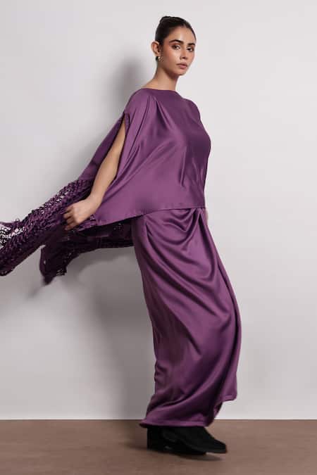 Buy Devina Juneja Purple Satin Lasercut Cape And Knot Skirt Set Online at Aza Fashions Buy_Devina Juneja_Purple Satin Lasercut Cape And Knot Skirt Set _Online_at_Aza_Fashions