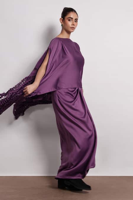 Shop Devina Juneja Purple Satin Lasercut Cape And Knot Skirt Set Online at Aza Fashions Shop_Devina Juneja_Purple Satin Lasercut Cape And Knot Skirt Set _Online_at_Aza_Fashions