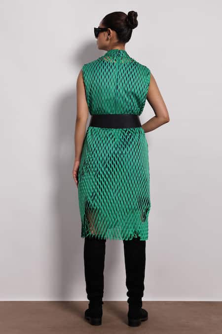 Shop Devina Juneja Green Crepe, Satin High Neck Lasercut Midi Dress With Belt at Aza Fashions Shop_Devina Juneja_Green Crepe, Satin High Neck Lasercut Midi Dress With Belt _at_Aza_Fashions
