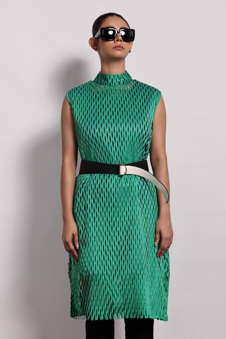 Devina Juneja Green Crepe, Satin High Neck Lasercut Midi Dress With Belt Online at Aza Fashions Devina Juneja_Green Crepe, Satin High Neck Lasercut Midi Dress With Belt _Online_at_Aza_Fashions