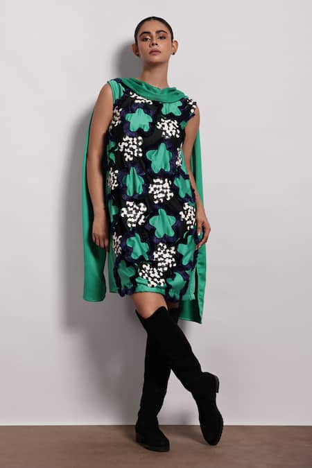 Devina Juneja Green Crepe Embroidery Cowl Neck Floral Applique Scarf Dress 