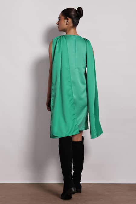 Shop Devina Juneja Green Crepe Embroidery Cowl Neck Floral Applique Scarf Dress at Aza Fashions Shop_Devina Juneja_Green Crepe Embroidery Cowl Neck Floral Applique Scarf Dress _at_Aza_Fashions