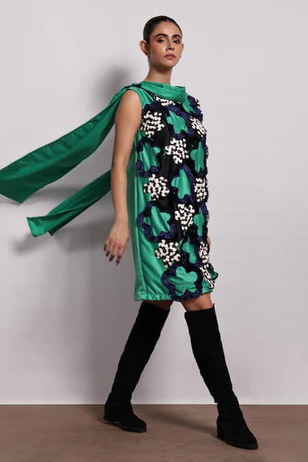 Devina Juneja Green Crepe Embroidery Cowl Neck Floral Applique Scarf Dress Online at Aza Fashions Devina Juneja_Green Crepe Embroidery Cowl Neck Floral Applique Scarf Dress _Online_at_Aza_Fashions