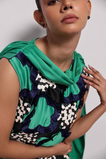 Buy Devina Juneja Green Crepe Embroidery Cowl Neck Floral Applique Scarf Dress Online at Aza Fashions Buy_Devina Juneja_Green Crepe Embroidery Cowl Neck Floral Applique Scarf Dress _Online_at_Aza_Fashions