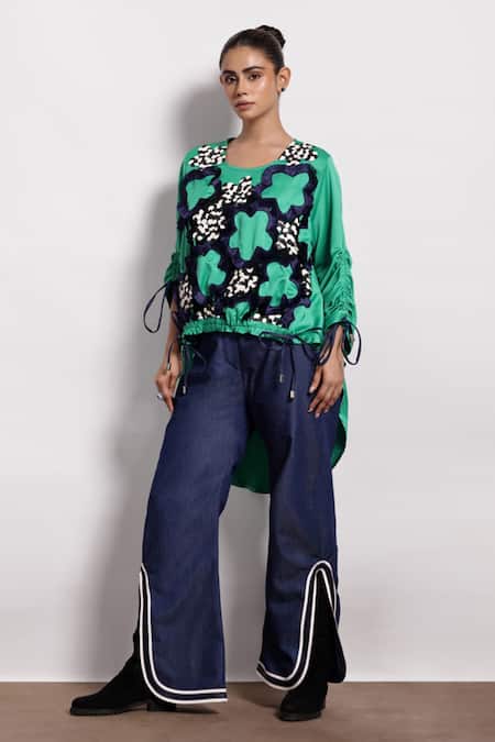 Shop Devina Juneja Green Satin Embroidery Round Neck Floral Applique Drawstring Top at Aza Fashions Shop_Devina Juneja_Green Satin Embroidery Round Neck Floral Applique Drawstring Top _at_Aza_Fashions