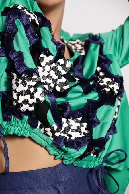 Devina Juneja Green Satin Embroidery Round Neck Floral Applique Drawstring Top Online at Aza Fashions Devina Juneja_Green Satin Embroidery Round Neck Floral Applique Drawstring Top _Online_at_Aza_Fashions