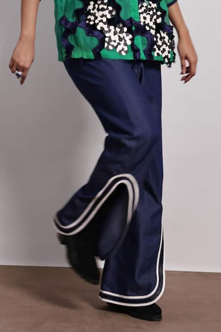 Shop_Devina Juneja_Blue Denim Flared Pant With Contrast Border _at_Aza_Fashions