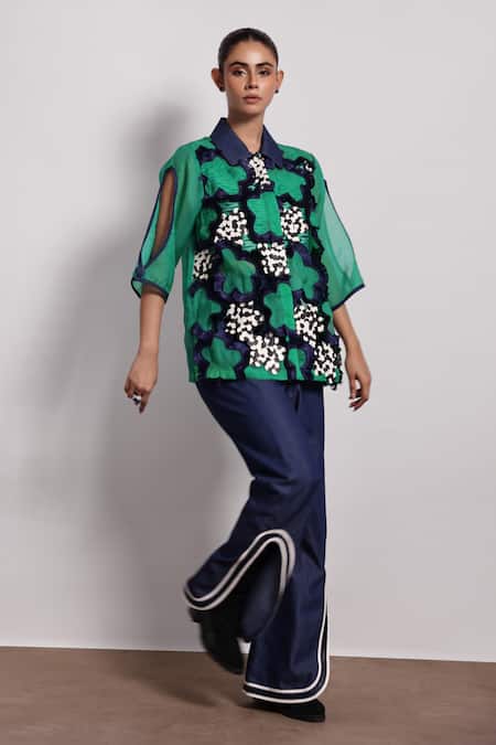 Shop Devina Juneja Green Organza Embroidery Collared Floral Applique Shirt at Aza Fashions Shop_Devina Juneja_Green Organza Embroidery Collared Floral Applique Shirt _at_Aza_Fashions