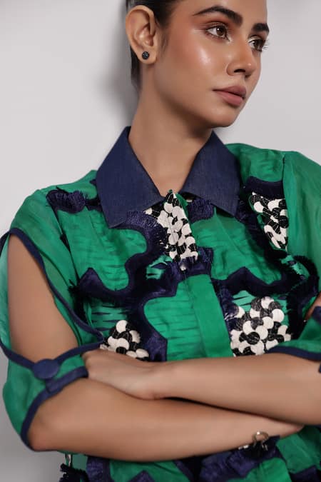 Devina Juneja Green Organza Embroidery Collared Floral Applique Shirt Online at Aza Fashions Devina Juneja_Green Organza Embroidery Collared Floral Applique Shirt _Online_at_Aza_Fashions