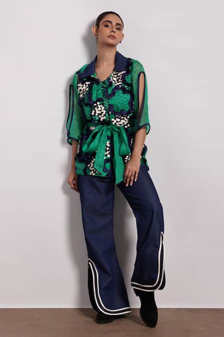 Shop Devina Juneja Green Organza Embroidery Collared Floral Applique Wrap Shirt at Aza Fashions Shop_Devina Juneja_Green Organza Embroidery Collared Floral Applique Wrap Shirt _at_Aza_Fashions