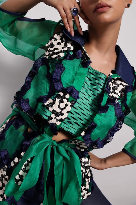 Devina Juneja Green Organza Embroidery Collared Floral Applique Wrap Shirt Online at Aza Fashions Devina Juneja_Green Organza Embroidery Collared Floral Applique Wrap Shirt _Online_at_Aza_Fashions