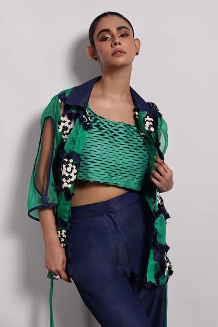 Buy Devina Juneja Green Organza Embroidery Collared Floral Applique Wrap Shirt Online at Aza Fashions Buy_Devina Juneja_Green Organza Embroidery Collared Floral Applique Wrap Shirt _Online_at_Aza_Fashions