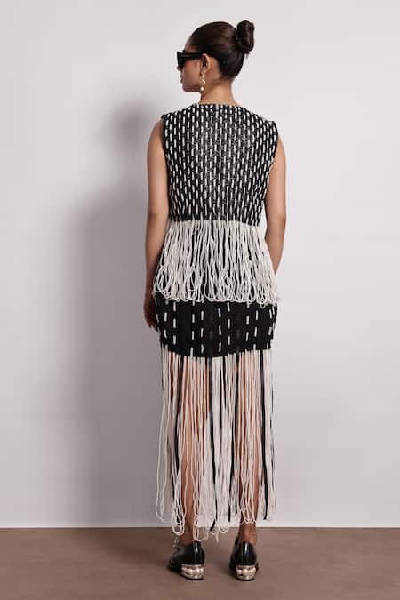 Shop_Devina Juneja_Black Leather Pearls Open Neck Fringe Jacket _at_Aza_Fashions