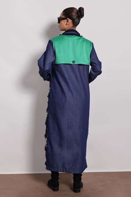 Shop Devina Juneja Blue Leather Fringe Collared Applique Embroidered Jacket at Aza Fashions Shop_Devina Juneja_Blue Leather Fringe Collared Applique Embroidered Jacket _at_Aza_Fashions