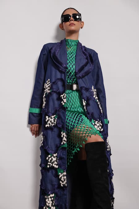 Devina Juneja Blue Leather Fringe Collared Applique Embroidered Jacket Online at Aza Fashions Devina Juneja_Blue Leather Fringe Collared Applique Embroidered Jacket _Online_at_Aza_Fashions