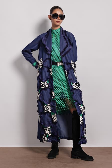 Buy Devina Juneja Blue Leather Fringe Collared Applique Embroidered Jacket Online at Aza Fashions Buy_Devina Juneja_Blue Leather Fringe Collared Applique Embroidered Jacket _Online_at_Aza_Fashions