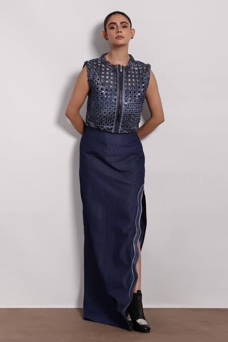 Devina Juneja_Blue Denim Round Neck Leather Applique Embroidered Vest _Online_at_Aza_Fashions