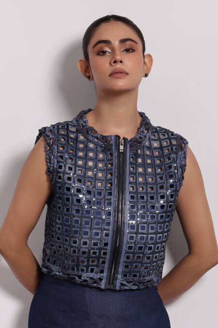 Buy_Devina Juneja_Blue Denim Round Neck Leather Applique Embroidered Vest _Online_at_Aza_Fashions
