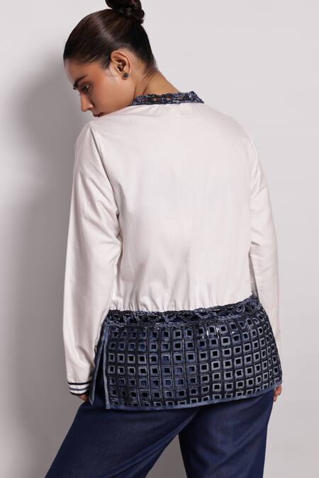 Shop Devina Juneja White Cotton Applique Round Neck Leather Embroidered Shirt at Aza Fashions Shop_Devina Juneja_White Cotton Applique Round Neck Leather Embroidered Shirt _at_Aza_Fashions