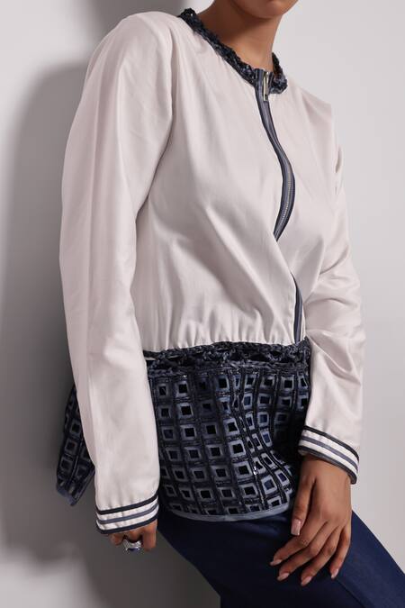 Devina Juneja White Cotton Applique Round Neck Leather Embroidered Shirt Online at Aza Fashions Devina Juneja_White Cotton Applique Round Neck Leather Embroidered Shirt _Online_at_Aza_Fashions