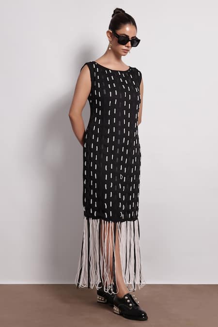 Shop Devina Juneja Black Crepe Pearls Boat Neck Fringe Embellished Midi Dress at Aza Fashions Shop_Devina Juneja_Black Crepe Pearls Boat Neck Fringe Embellished Midi Dress _at_Aza_Fashions