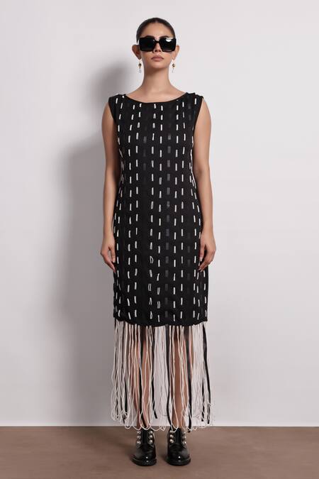 Devina Juneja Black Crepe Pearls Boat Neck Fringe Embellished Midi Dress Online at Aza Fashions Devina Juneja_Black Crepe Pearls Boat Neck Fringe Embellished Midi Dress _Online_at_Aza_Fashions