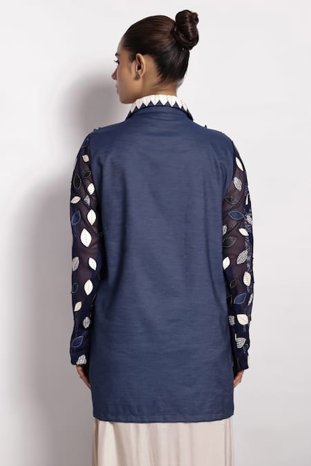 Shop Devina Juneja Blue Denim Applique Collared Foliage Leather Shirt at Aza Fashions Shop_Devina Juneja_Blue Denim Applique Collared Foliage Leather Shirt _at_Aza_Fashions