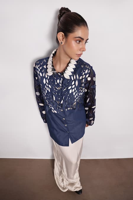 Devina Juneja Blue Denim Applique Collared Foliage Leather Shirt Online at Aza Fashions Devina Juneja_Blue Denim Applique Collared Foliage Leather Shirt _Online_at_Aza_Fashions