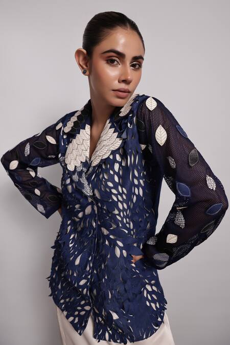 Devina Juneja_Blue Denim Embroidery Foliage Leather Applique Blazer _Online_at_Aza_Fashions