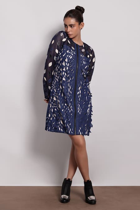 Devina Juneja_Blue Denim, Satin Round Neck Foliage Cutwork Dress _Online_at_Aza_Fashions
