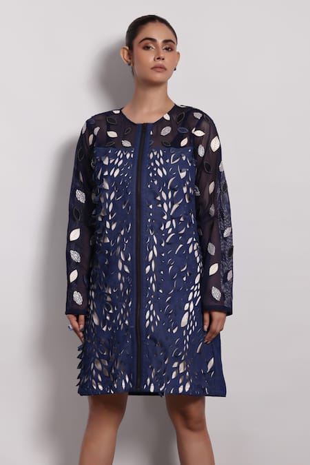 Buy_Devina Juneja_Blue Denim, Satin Round Neck Foliage Cutwork Dress _Online_at_Aza_Fashions