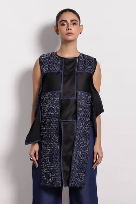 Devina Juneja_Blue Denim Patchwork Round Neck Woven Long Top _Online_at_Aza_Fashions
