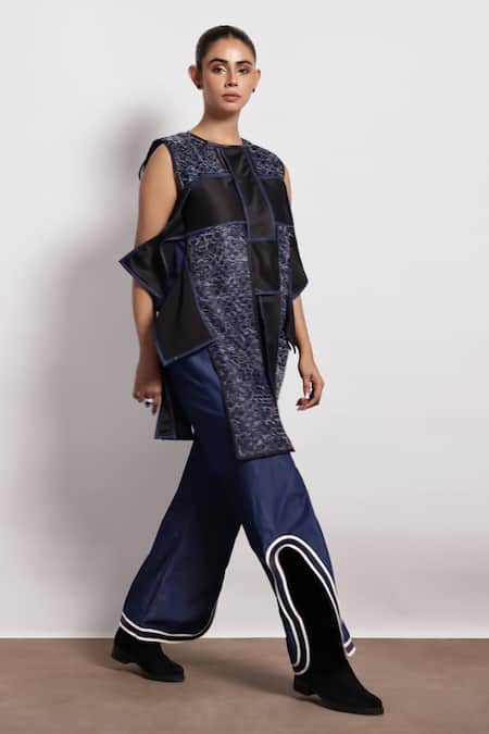 Buy_Devina Juneja_Blue Denim Patchwork Round Neck Woven Long Top _Online_at_Aza_Fashions