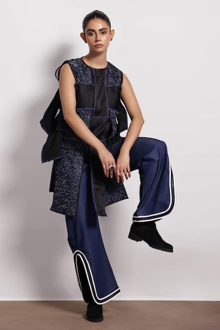 Shop_Devina Juneja_Blue Denim Patchwork Round Neck Woven Long Top _Online_at_Aza_Fashions