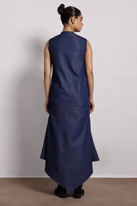 Shop Devina Juneja Blue Denim Round Neck Sleeveless Dress With Leather Motifs at Aza Fashions Shop_Devina Juneja_Blue Denim Round Neck Sleeveless Dress With Leather Motifs _at_Aza_Fashions