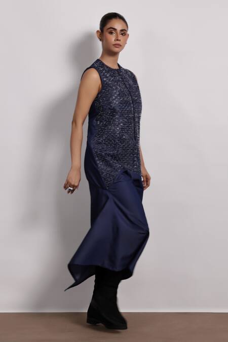 Devina Juneja Blue Denim Round Neck Sleeveless Dress With Leather Motifs Online at Aza Fashions Devina Juneja_Blue Denim Round Neck Sleeveless Dress With Leather Motifs _Online_at_Aza_Fashions