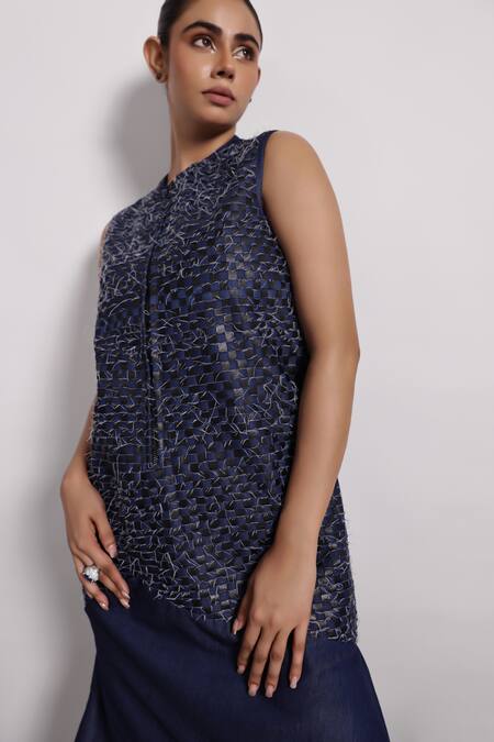 Buy Devina Juneja Blue Denim Round Neck Sleeveless Dress With Leather Motifs Online at Aza Fashions Buy_Devina Juneja_Blue Denim Round Neck Sleeveless Dress With Leather Motifs _Online_at_Aza_Fashions