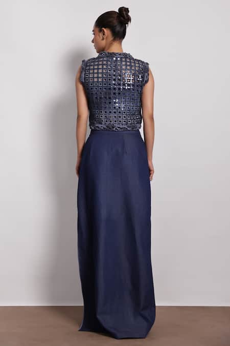 Shop_Devina Juneja_Blue Denim Applique High Waist Slit Skirt _at_Aza_Fashions