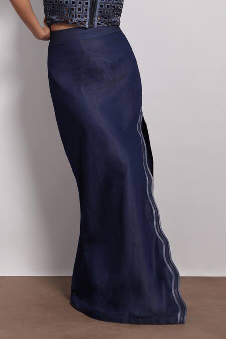 Devina Juneja_Blue Denim Applique High Waist Slit Skirt _Online_at_Aza_Fashions