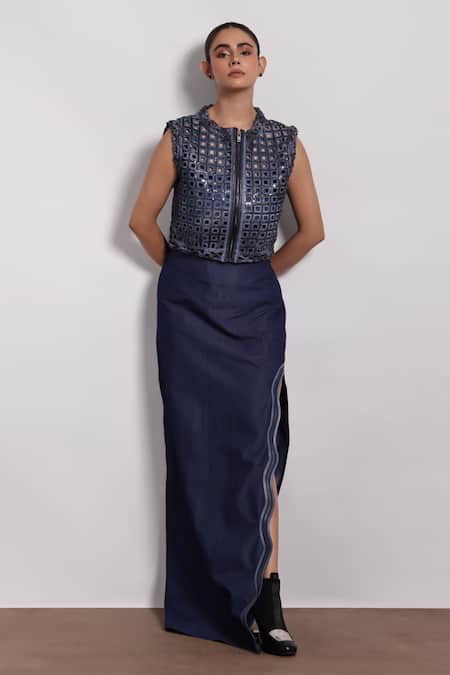 Buy_Devina Juneja_Blue Denim Applique High Waist Slit Skirt _Online_at_Aza_Fashions