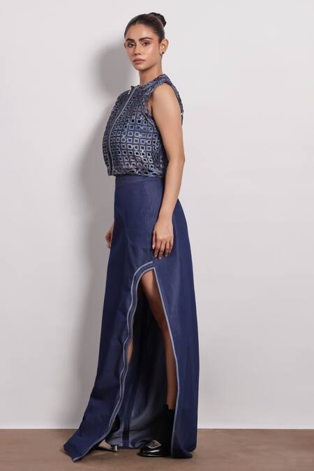Shop_Devina Juneja_Blue Denim Applique High Waist Slit Skirt _Online_at_Aza_Fashions