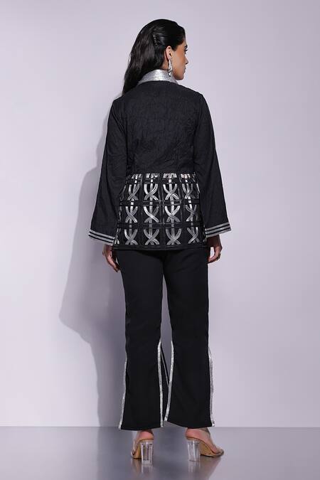 Shop_Devina Juneja_Black Crepe Metallic Thread, Applique Cape Sleeve Blazer _at_Aza_Fashions