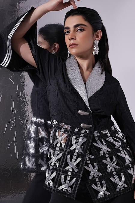 Devina Juneja_Black Crepe Metallic Thread, Applique Cape Sleeve Blazer _Online_at_Aza_Fashions