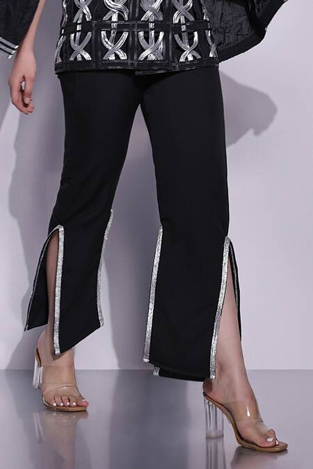 Devina Juneja Black Crepe Diamonds Slit Pant With Metallic Applique Online at Aza Fashions Devina Juneja_Black Crepe Diamonds Slit Pant With Metallic Applique_Online_at_Aza_Fashions