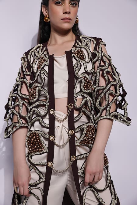Devina Juneja_Brown Crepe Embroidery Open Neck Applique Embellished Jacket _Online_at_Aza_Fashions