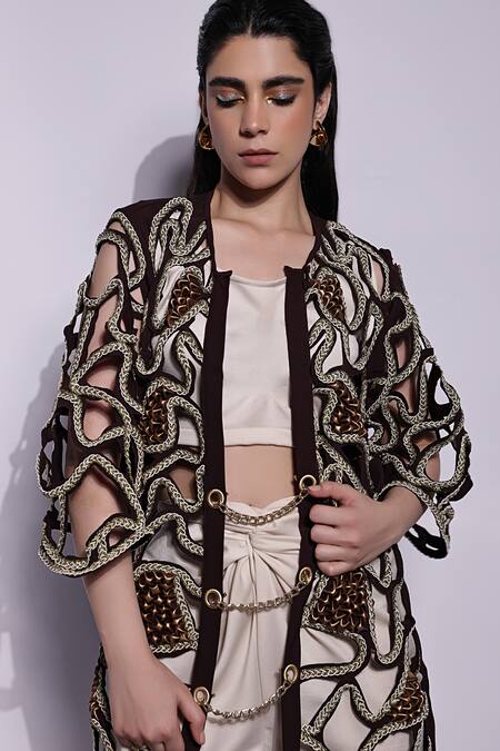 Devina Juneja White Satin, Crepe Round Neck Draped Top And Knot Pant Set Online at Aza Fashions Devina Juneja_White Satin, Crepe Round Neck Draped Top And Knot Pant Set_Online_at_Aza_Fashions