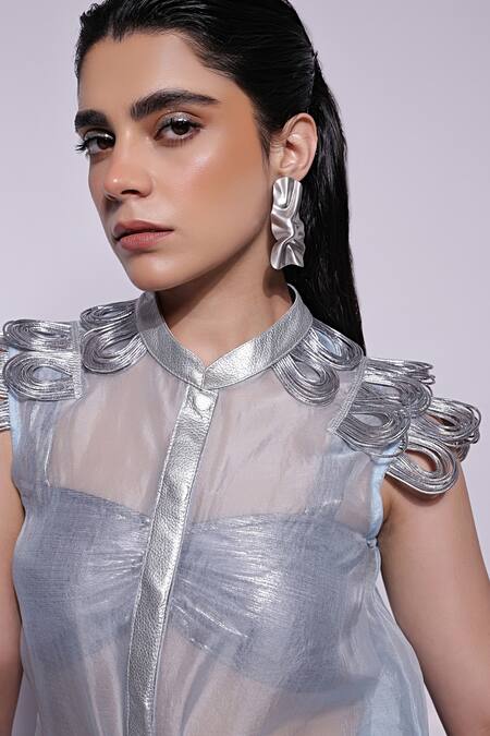 Shop_Devina Juneja_Blue Organza Metallic Thread Mandarin Collar Light Applique Top_at_Aza_Fashions