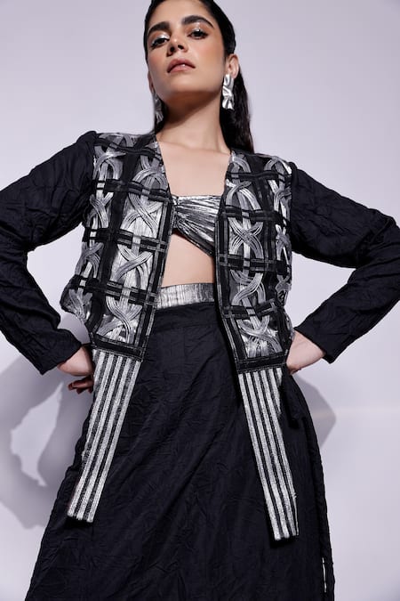 Devina Juneja_Black Crepe, Satin, Lycra Metallic Thread Applique Blazer_Online_at_Aza_Fashions