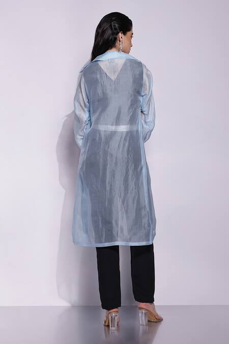 Shop Devina Juneja Blue Organza Collared Light Solid Overlay at Aza Fashions Shop_Devina Juneja_Blue Organza Collared Light Solid Overlay_at_Aza_Fashions