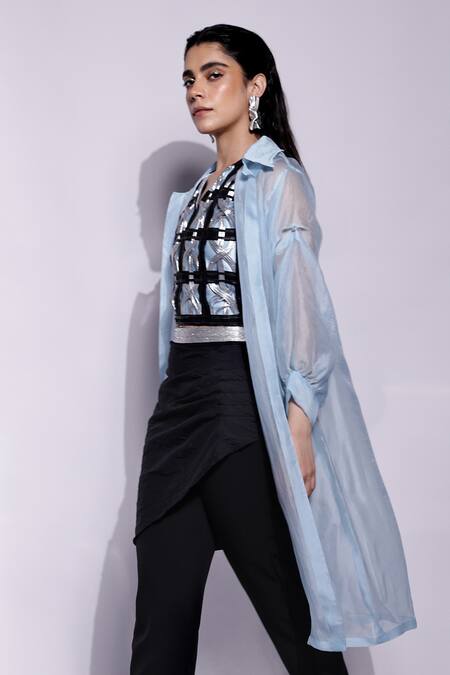 Devina Juneja Blue Organza Collared Light Solid Overlay Online at Aza Fashions Devina Juneja_Blue Organza Collared Light Solid Overlay_Online_at_Aza_Fashions